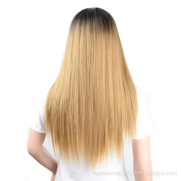 Vigorous Straight Ombre Black to Blonde Wig Middle Part Synthetic Hair Wigs for Women Heat Resistant Fiber Real Natural